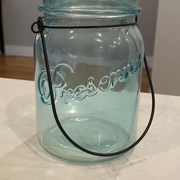 Vintage Aqua Blue Sea Glass Preserve Mason Jar with Metal Wire Handle, 6" Tall - Picture 5 of 5